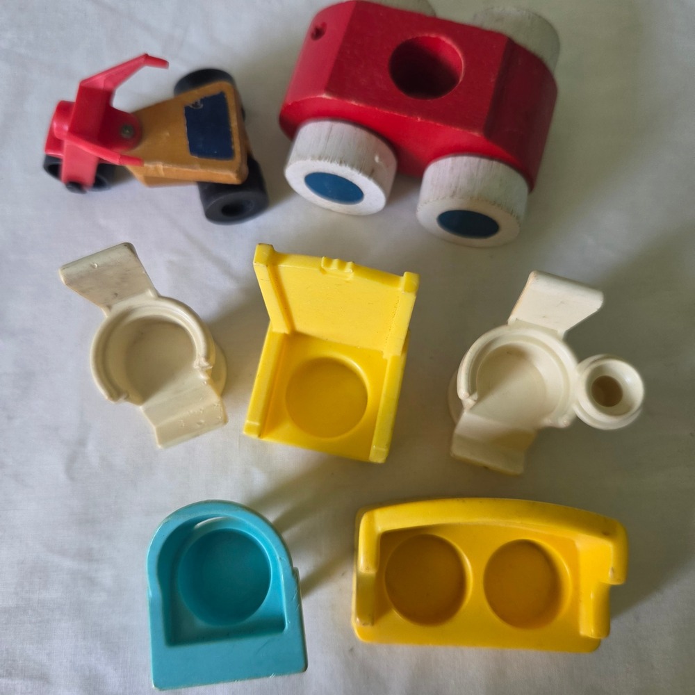 Vintage Fisher Price Little People Furniture Lot Wooden Car Tricycle High Chairs